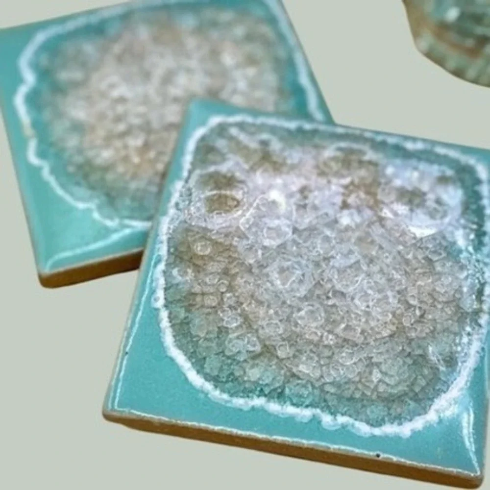 Dock 6 Ceramic Coasters 4x4 Turquoise Glass Geode Crackle Glaze Made USA Set 4